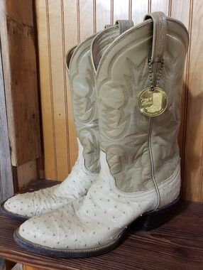 Vintage Tony Lama El Rey Full Quill Ostrich Boots Men 8.5 Bone/beige